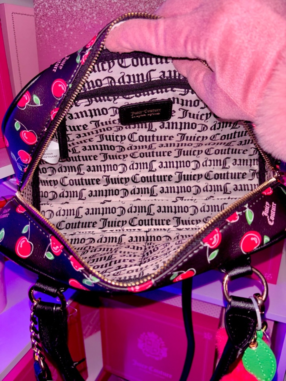 Juicy Couture Black Cherry-Print bag with Pom Charm and gold accents (VIRAL)✨🍒🖤 - Picture 3 of 6